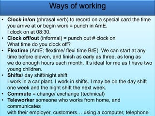 Ways of working 
• Clock in/on (phrasal verb) to record on a special card the time 
you arrive at or begin work = punch in AmE. 
I clock on at 08:30. 
• Clock off/out (informal) = punch out # clock on 
What time do you clock off? 
• Flextime (AmE: flextime/ flexi time BrE). We can start at any 
time before eleven, and finish as early as three, as long as 
we do enough hours each month. It’s ideal for me as I have two 
young children. 
• Shifts/ day shift/night shift 
I work in a car plant. I work in shifts. I may be on the day shift 
one week and the night shift the next week. 
• Commute = change/ exchange (technical) 
• Teleworker someone who works from home, and 
communicates 
with their employer, customers… using a computer, telephone 
 