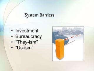 System Barriers
• Investment
• Bureaucracy
• “They-ism”
• “Us-ism”
 
