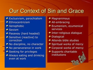 Our Context of Sin and GraceOur Context of Sin and Grace
Exclusivism, parochialismExclusivism, parochialism
EthnocentricismEthnocentricism
XenophobicXenophobic
SexismSexism
Pasaway (hard headed)Pasaway (hard headed)
Sensitive (reactive) toSensitive (reactive) to
correctioncorrection
No discipline, no characterNo discipline, no character
No perseverance in workNo perseverance in work
Seeking for privilegesSeeking for privileges
Always eating and drinkingAlways eating and drinking
even at workeven at work
MagnanimousMagnanimous
All-embracingAll-embracing
Ecumenism, ecumenicalEcumenism, ecumenical
servicesservices
Inter-religious dialogueInter-religious dialogue
DialogicalDialogical
Attends bible studiesAttends bible studies
Spiritual works of mercySpiritual works of mercy
Corporal works of mercyCorporal works of mercy
Supports charitableSupports charitable
institutionsinstitutions
 