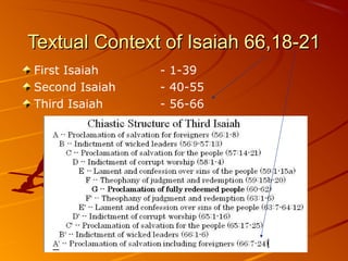 Textual Context of Isaiah 66,18-21Textual Context of Isaiah 66,18-21
First Isaiah - 1-39
Second Isaiah - 40-55
Third Isaiah - 56-66
 