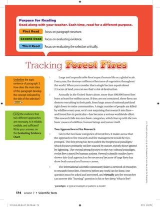 Circle the evidence that
two different approaches
are necessary. Is it reliable,
credible, and sufficient?
Write your answers on
the Evaluating Evidence
Chart.
Underline the topic
sentence of paragraph 3.
How does the main idea
of this paragraph develop
the concept indicated by
the title of the selection?
Large and unpredictable fires impact human life on a global scale.
Every year, fire destroys millions of hectares of vegetation throughout
the world. When you consider that a single hectare equals about
2.5 acres of land, you can see that’s a lot of destruction.
Annually in the United States alone, more than 100,000 forest fires
burn at least five million acres. If they are not contained, these fires can
destroy everything in their path, from large areas of national parkland
right down to entire communities. A tragic number of people are killed
by wildfires every year, so it’s not surprising that research into fires—
and forest fires in particular—has become a serious worldwide effort.
This research falls into two basic categories, which line up with the two
basic causes of wildfires: human beings and nature itself.
Two Approaches to Fire Research
Given the two basic categories of forest fires, it makes sense that
the approach to fire research and fire management would be two-
pronged. The first prong has been called the biophysical paradigm,1
which focuses primarily on fires caused by nature, mostly those ignited
by lightning. The second prong focuses on the eco-cultural paradigm,
or the fires caused by human actions. Several scientific studies have
shown this dual approach to be necessary because of large fires that
show both natural and human causes.
The international scientific community shares a network of resources
to research forest fires. However, before any work can be done, one
question must be asked and answered, and virtually any fire researcher
can answer this “burning” question in his or her sleep: What is fire?
1
2
3
4
Forest FiresTracking
Purpose for Reading
Read along with your teacher. Each time, read for a different purpose.
First Read Focus on paragraph structure.
Second Read Focus on evaluating evidence.
Third Read Focus on evaluating the selection critically.
1
paradigm a typical example or pattern; a model
174 Lesson 7 • Scientiﬁc Texts
Duplicatinganypartofthisbookisprohibitedbylaw.©2014TriumphLearning,LLC
CC13_ELA_G8_SE_L07_163-190.indd 174 5/1/13 2:53 PM
 