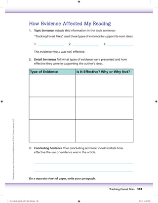 How Evidence Affected My Reading
1. Topic Sentence Include this information in the topic sentence:
“Tracking Forest Fires” used these types of evidence to support its main ideas:
1. 2. 3.
This evidence (was / was not) effective.
2. Detail Sentences Tell what types of evidence were presented and how
effective they were in supporting the author’s ideas.
Type of Evidence Is It Effective? Why or Why Not?
3. Concluding Sentence Your concluding sentence should restate how
effective the use of evidence was in the article.
On a separate sheet of paper, write your paragraph.
Tracking Forest Fires 183
Duplicatinganypartofthisbookisprohibitedbylaw.©2014TriumphLearning,LLC
CC13_ELA_G8_SE_L07_163-190.indd 183 5/1/13 2:55 PM
 