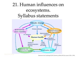 09/04/2016
21. Human influences on
ecosystems.
Syllabus statements
Statements from Cambridge IGCSE Chemistry syllabus 0610 (for exams in 2016 – 2018)
 