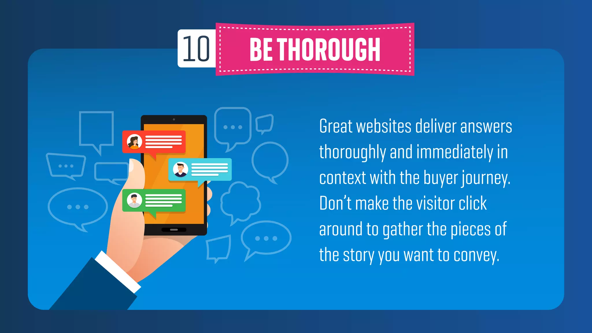 Great websites deliver answers
thoroughly and immediately in
context with the buyer journey.
Don’t make the visitor click
around to gather the pieces of
the story you want to convey.
 
