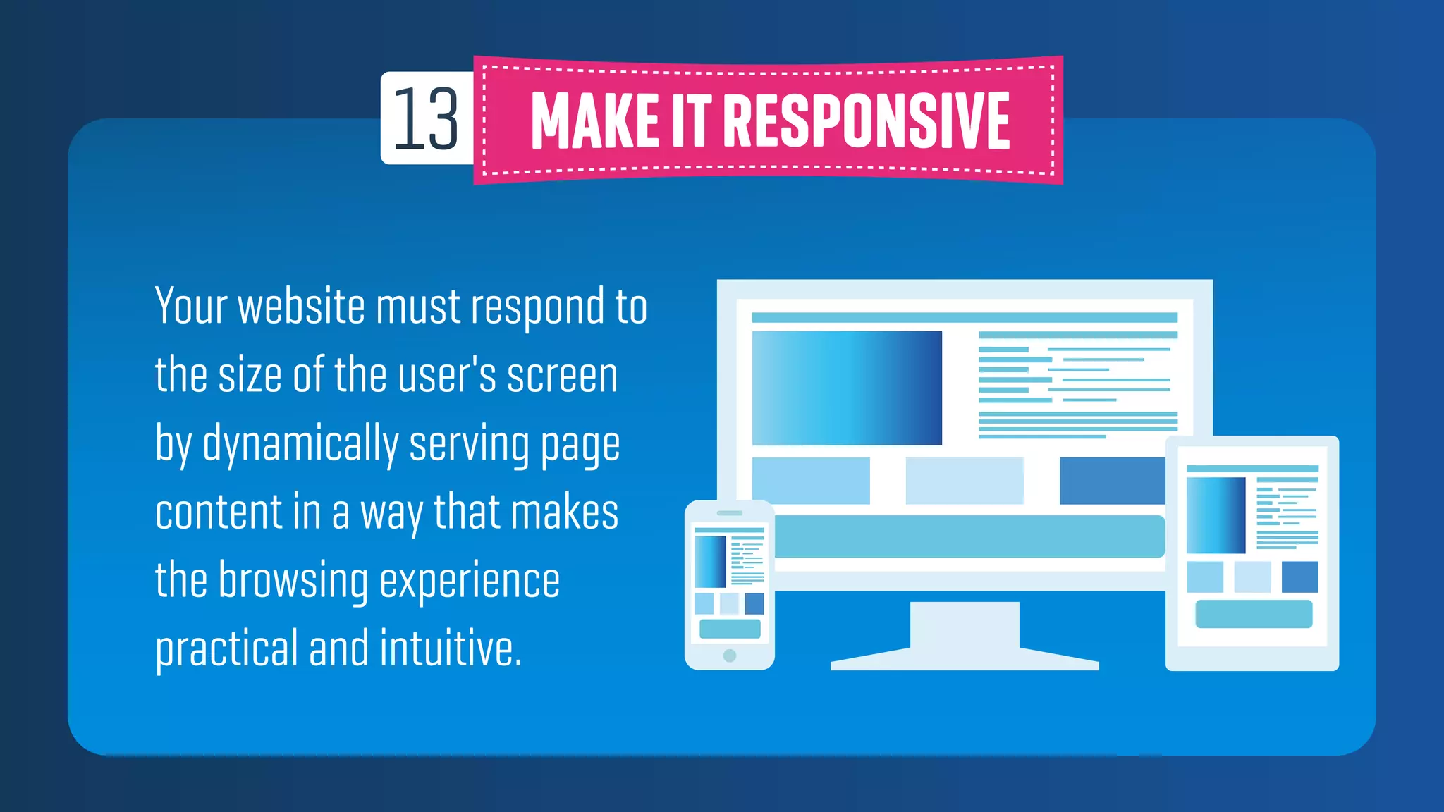 Your website must respond to
the size of the user's screen
by dynamically serving page
content in a way that makes
the browsing experience
practical and intuitive.
 