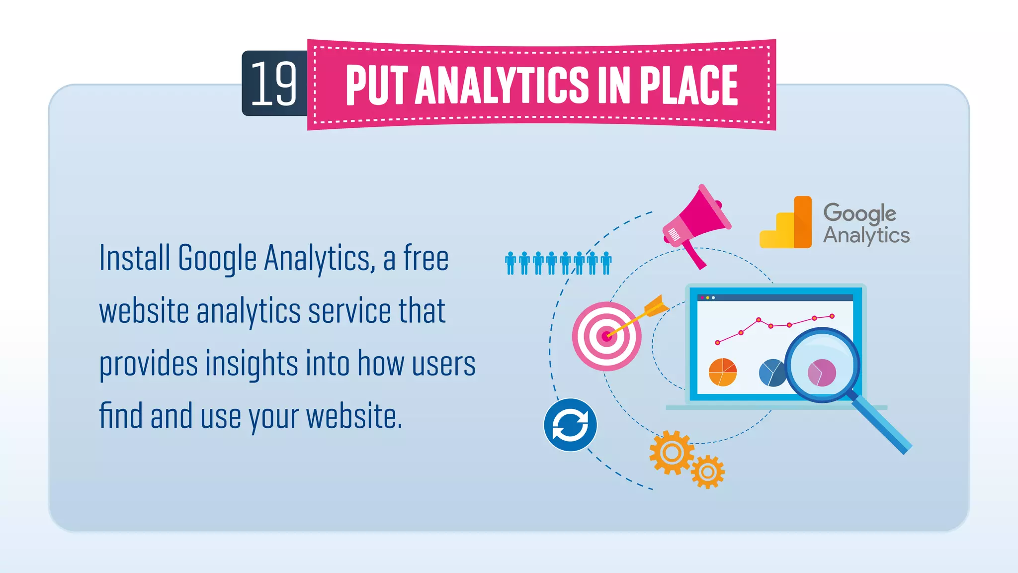 19
Install Google Analytics, a free
website analytics service that
provides insights into how users
ﬁnd and use your website.
 
