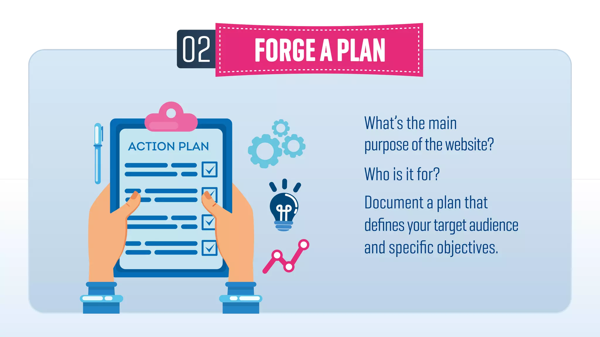 What’s the main
purposeofthewebsite?
Who is it for?
Document a plan that
deﬁnesyourtargetaudience
and speciﬁc objectives.
02
 
