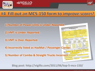 1) Number of Power Units is Under-Reported.

2) VMT is Under-Reported.

3) VMT is Over-Reported.

4) Incorrectly listed as HazMat / Passenger Carrier

5) Number of Combo & Straight Trucks Incorrect


     Blog post: http://vigillo.com/2011/06/top-5-mcs-150/
                                                      Copyright 2012 Vigillo LLC. All Rights Reserved.
 