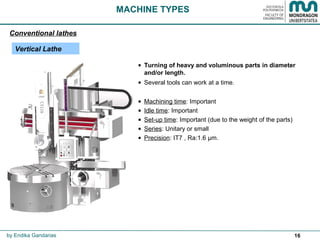 16
• Turning of heavy and voluminous parts in diameter
and/or length.
• Several tools can work at a time.
• Machining time: Important
• Idle time: Important
• Set-up time: Important (due to the weight of the parts)
• Series: Unitary or small
• Precision: IT7 , Ra:1.6 µm.
MACHINE TYPES
Conventional lathes
by Endika Gandarias
Vertical Lathe
 