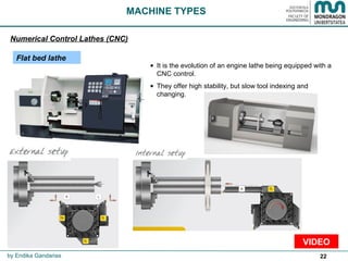 22
Flat bed lathe
Numerical Control Lathes (CNC)
MACHINE TYPES
• It is the evolution of an engine lathe being equipped with a
CNC control.
• They offer high stability, but slow tool indexing and
changing.
by Endika Gandarias
VIDEO
 