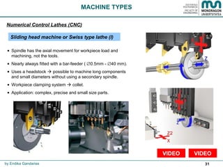 31
• Spindle has the axial movement for workpiece load and
machining, not the tools.
• Nearly always fitted with a bar-feeder ( ∅0.5mm - ∅40 mm).
• Uses a headstock  possible to machine long components
and small diameters without using a secondary spindle.
• Workpiece clamping system  collet.
• Application: complex, precise and small size parts.
Sliding head machine or Swiss type lathe (I)
MACHINE TYPES
Numerical Control Lathes (CNC)
by Endika Gandarias
VIDEOVIDEO
 
