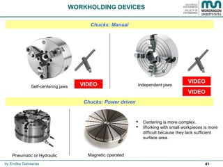 41
Chucks: Manual
Chucks: Power driven
Pneumatic or Hydraulic
WORKHOLDING DEVICES
Magnetic operated
 Centering is more complex.
 Working with small workpieces is more
difficult because they lack sufficient
surface area.
Independent jawsSelf-centering jaws
by Endika Gandarias
VIDEO
VIDEO
VIDEO
 