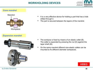 48
Cone mandrel
 The workpice is fixed by means of an elastic collet (B).
The collet is expanded by pressing the nut (D) against the
taper shaft (M).
 On the same mandrel different size elastic collets can be
mounted to fix different diameter workpieces.
WORKHOLDING DEVICES
by Endika Gandarias
Expansion mandrel
 It is a very effective device for holding a part that has a hole
drilled through it.
 The part is secured between the tapers of the mandrel.
VIDEO
 