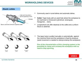 49
Elastic collets
 Commonly used in turret lathes and automatic lathes.
 Collet: Taper body with an axial hole where the workpiece to
be machined is introduced (cylindrical, rectangular,
hexagonal,… bars).
 Longitudinal cuts offer elasticity to the collet and a uniform
fixture is obtained.
 The taper body is pulled manually or automatically against
the machine frame and the workpiece is fixed by pressure
(axial movement is needed to clamp/unclamp the workpiece).
One of the characteristics of this clamping system is the
possiblity to clamp and unclamp the workpiece with no
need to stop spinning.
WORKHOLDING DEVICES
by Endika Gandarias
VIDEO
 