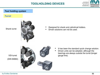53
TOOLHOLDING DEVICES
Shank turret
VDI turret
(DIN 69880)
 Designed for shank and cylindrical holders.
 Driven solutions can not be used.
 It has been the standard quick change solution.
 Driven units can be adopted, although the
bearings are always outside the turret (longer
gauge line).
by Endika Gandarias
Tool holding system
Turret
 