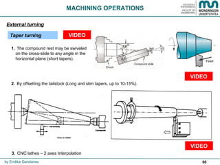 60
1. The compound rest may be swiveled
on the cross-slide to any angle in the
horizontal plane (short tapers).
2. By offsetting the tailstock (Long and slim tapers, up to 10-15%).
VIDEO
3. CNC lathes – 2 axes Interpolation
MACHINING OPERATIONS
Taper turning
External turning
by Endika Gandarias
VIDEO
VIDEO
 