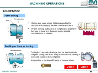 65
 Cutting tool has a shape that is imparted to the
workpiece by plunging the tool into the workpiece.
 In form turning, cutting tool is complex and expensive
but feed is linear and does not require special
machine tools or devices.
MACHINING OPERATIONS
 Cutting tool has a simple shape, but the feed motion is
complex; cutting tool is fed along a contour thus creating a
contoured shape on the workpiece.
 Not possible to be done efficiently in manual lathes.
Form turning
Profiling or Contour turning
External turning
by Endika Gandarias
VIDEOVIDEO
 