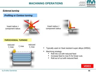 66
Profiling or Contour turning
MACHINING OPERATIONS
External turning
by Endika Gandarias
VIDEO
Insert radius =
component radius
Insert radius <
component radius
 Typically used on Heat resistant super alloys (HRSA).
 Machinng strategy:
 Roll into cut with reduced feed
 Increase feed to max fn for linear cuts
 Roll out of cut with reduced feed
reduced
fn max
reduced
fn maxfn max
THROCHOIDAL TURNING
 