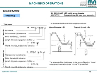 72
Internal threads -- 6H External threads – 6g
MACHINING OPERATIONS
Threading
External turning
by Endika Gandarias
Tolerances:
BS 3643-1:2007 ISO metric screw threads
UNE 17701 Rosca métrica ISO para usos generales
The absence of tolerance class designation means:
The absence of the designation for the group of length of thread
engagement means the group "normal" N is specified.
 M-10x1 – 5H 6H – L
Pitch value
Pitch diameter (D2) tolerance
Minor diameter (D1) tolerance
Length of thread engagement (S, N or L)
 M-10 – 6H
Pitch & minor (D2, D1) diameter tolerance
 M-10x1 – 5g 6g – N
Pitch diameter (d2) tolerance
Major diameter (d) tolerance
Length of thread engagement (S, N or L)
 M-10 – 6g
Pitch & minor (d2, d) diameter tolerance
INTERNALTHREADEXTERNALTHREAD
 
