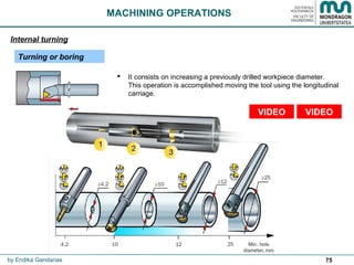 75
 It consists on increasing a previously drilled workpiece diameter.
This operation is accomplished moving the tool using the longitudinal
carriage.
VIDEO
MACHINING OPERATIONS
VIDEO
Turning or boring
Internal turning
by Endika Gandarias
 