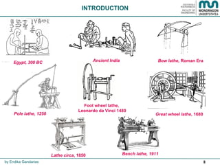 8
Bench lathe, 1911
Ancient India Bow lathe, Roman Era
Pole lathe, 1250
Foot wheel lathe,
Leonardo da Vinci 1480
Egypt, 300 BC
Great wheel lathe, 1680
Lathe circa, 1850
INTRODUCTION
by Endika Gandarias
 