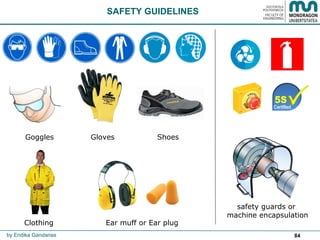 84by Endika Gandarias
Goggles
Ear muff or Ear plug
Gloves
Clothing
Shoes
safety guards or
machine encapsulation
SAFETY GUIDELINES
 