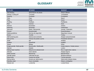 97
GLOSSARY
by Endika Gandarias
ENGLISH SPANISH BASQUE
Part feeding Alimentación de piezas Piezen elikatze
Parting / Cutting-off Tronzado Trontzaketa
Pecking Punteado Punteaketa
Pitch Paso Neurri
Pole Poste Zutoin
Profiling Perfilado Perfilaketa
Ram Carnero Ahari
Reamer Escariador Otxabu
Reaming Escariado Otxabuketa
Remnant Resto / Remanente Hondar / Soberakin
Runout Excentricidad Eszentrikotasun
Safety guidelines Normas de seguridad Segurtasun arauak
Screw Tornillo Torloju
Self-centering jaws Garras auto-centrante Atzapar autozentranteak
Set-up time Tiempo de puesta a punto Prestaketa denbora
Shaft Eje Ardatza
Shallow Superficial Azaleko
Shank Mango Kirten
Single spindle / Multi spindle Monohusillo / Multihusillo Ardatz bakarra / Ardatz aniztun
Slender Esbelto Lerden
Sliding head machine Máquina de cabezal móvil Buru mugikorreko makina
Soft jaw Garra blanda Atzapar biguna
Solid mandrel Mandril fijo Mandril finkoa
Spindle speed Velocidad de giro Biraketa abiadura
Spool body Cuerpo de carrete Txirrika gorputza
Spring clamp Amarre por deformación Deformazio bidezko lotzea
Stainless steel Acero inoxidable Altzairu erdoilgaitza
Steady rest Luneta fija Luneta finkoa
 