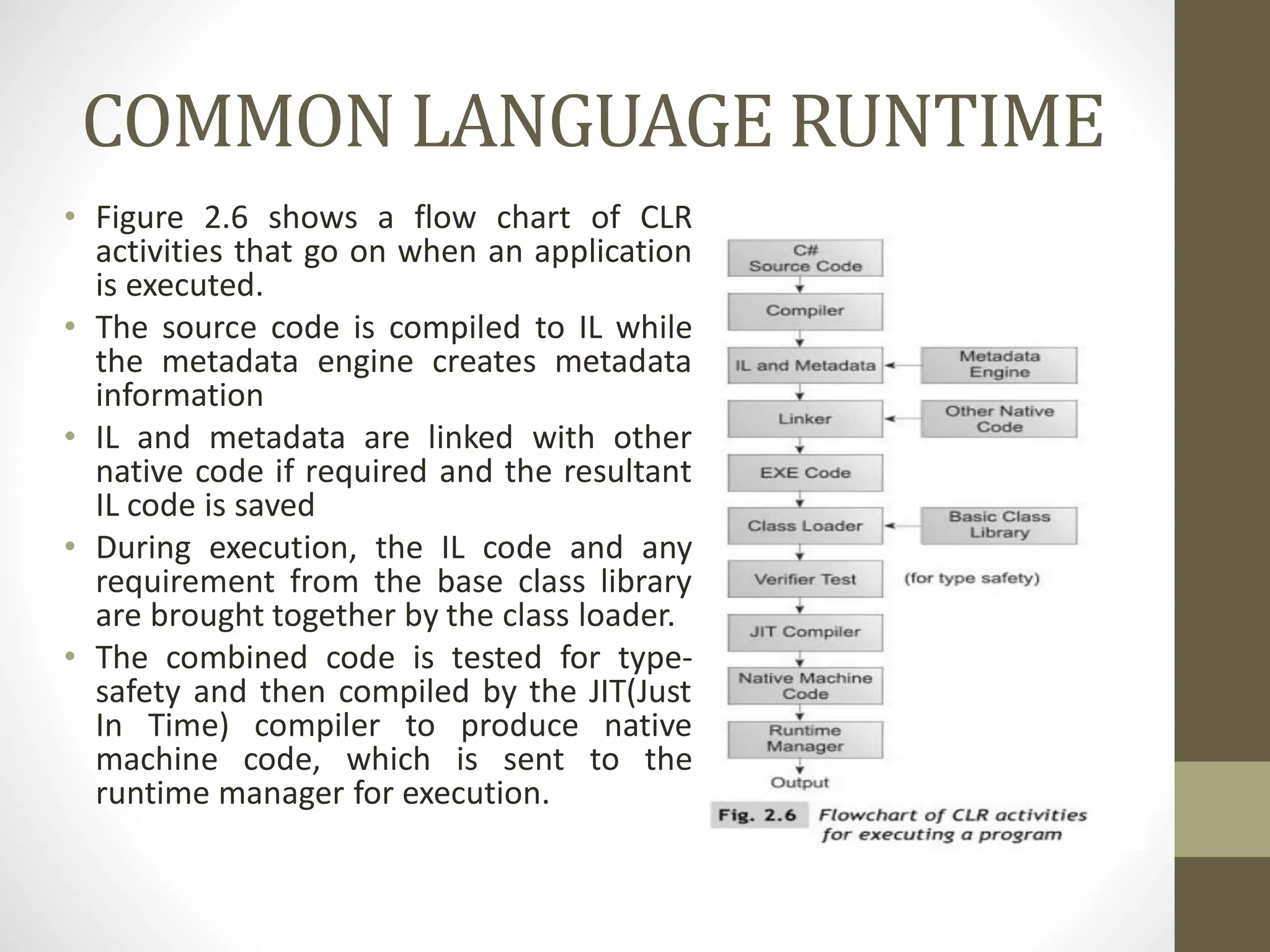 COMMON LANGUAGE RUNTIME
• Figure 2.6 shows a flow chart of CLR
activities that go on when an application
is executed.
• The source code is compiled to IL while
the metadata engine creates metadata
information
• IL and metadata are linked with other
native code if required and the resultant
IL code is saved
• During execution, the IL code and any
requirement from the base class library
are brought together by the class loader.
• The combined code is tested for type-
safety and then compiled by the JIT(Just
In Time) compiler to produce native
machine code, which is sent to the
runtime manager for execution.
 