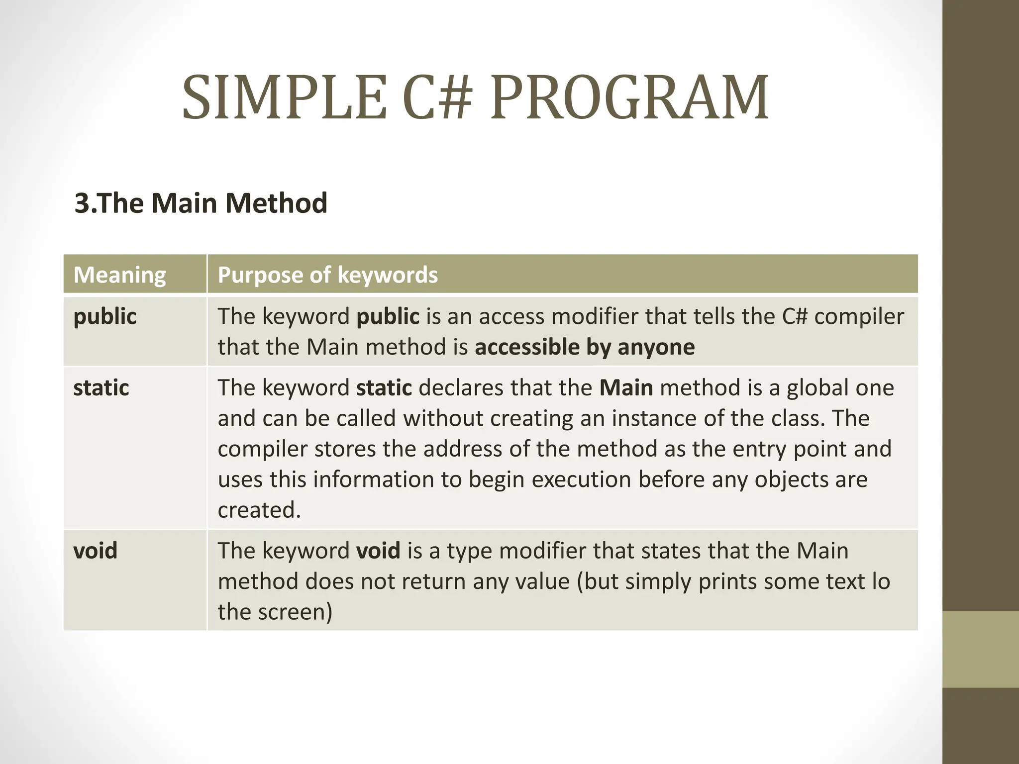 SIMPLE C# PROGRAM
3.The Main Method
Meaning Purpose of keywords
public The keyword public is an access modifier that tells the C# compiler
that the Main method is accessible by anyone
static The keyword static declares that the Main method is a global one
and can be called without creating an instance of the class. The
compiler stores the address of the method as the entry point and
uses this information to begin execution before any objects are
created.
void The keyword void is a type modifier that states that the Main
method does not return any value (but simply prints some text lo
the screen)
 