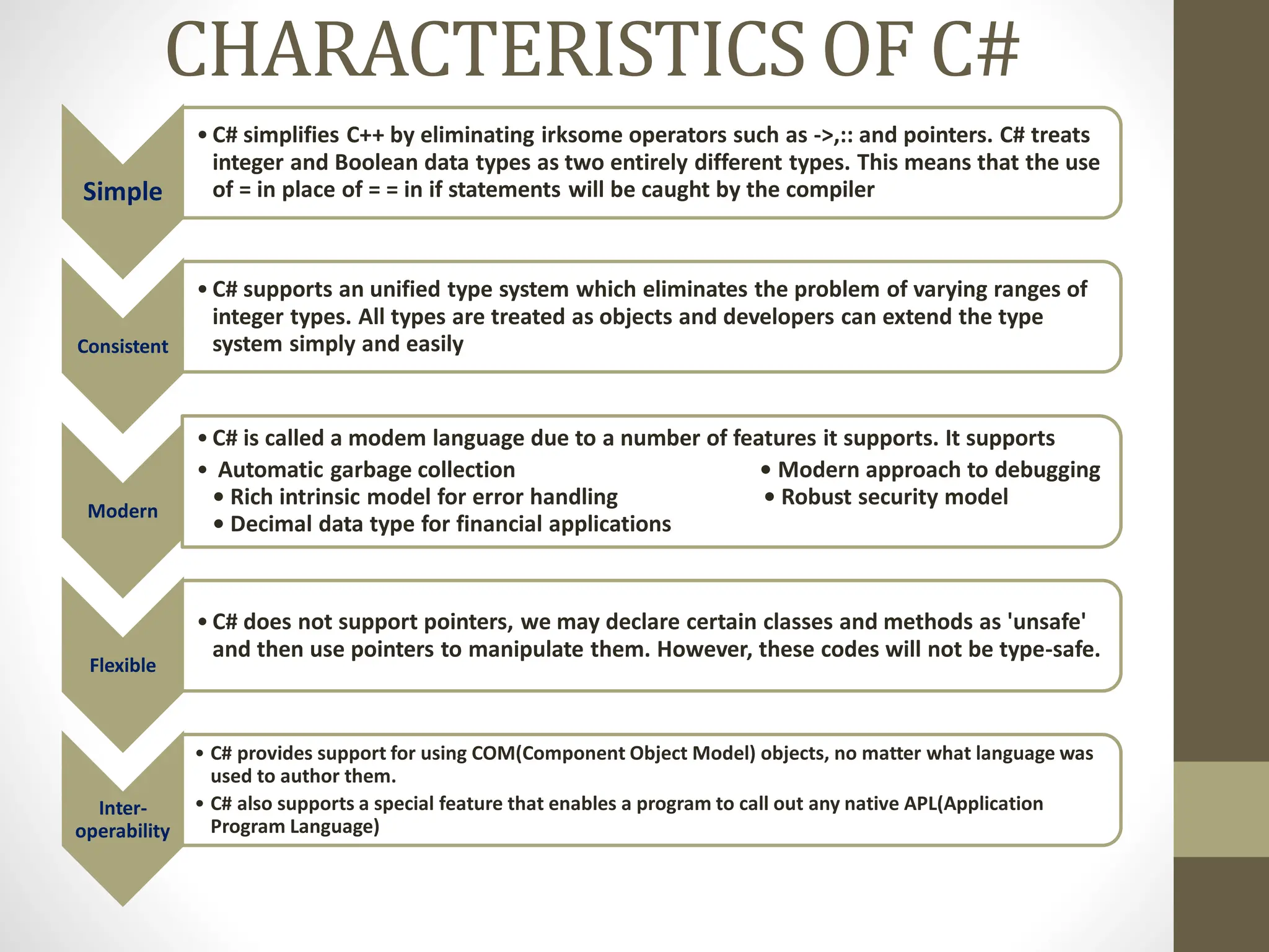 CHARACTERISTICS OF C#
Simple
• C# simplifies C++ by eliminating irksome operators such as ->,:: and pointers. C# treats
integer and Boolean data types as two entirely different types. This means that the use
of = in place of = = in if statements will be caught by the compiler
Consistent
• C# supports an unified type system which eliminates the problem of varying ranges of
integer types. All types are treated as objects and developers can extend the type
system simply and easily
Modern
• C# is called a modem language due to a number of features it supports. It supports
• Automatic garbage collection • Modern approach to debugging
• Rich intrinsic model for error handling • Robust security model
• Decimal data type for financial applications
Flexible
• C# does not support pointers, we may declare certain classes and methods as 'unsafe'
and then use pointers to manipulate them. However, these codes will not be type-safe.
Inter-
operability
• C# provides support for using COM(Component Object Model) objects, no matter what language was
used to author them.
• C# also supports a special feature that enables a program to call out any native APL(Application
Program Language)
 