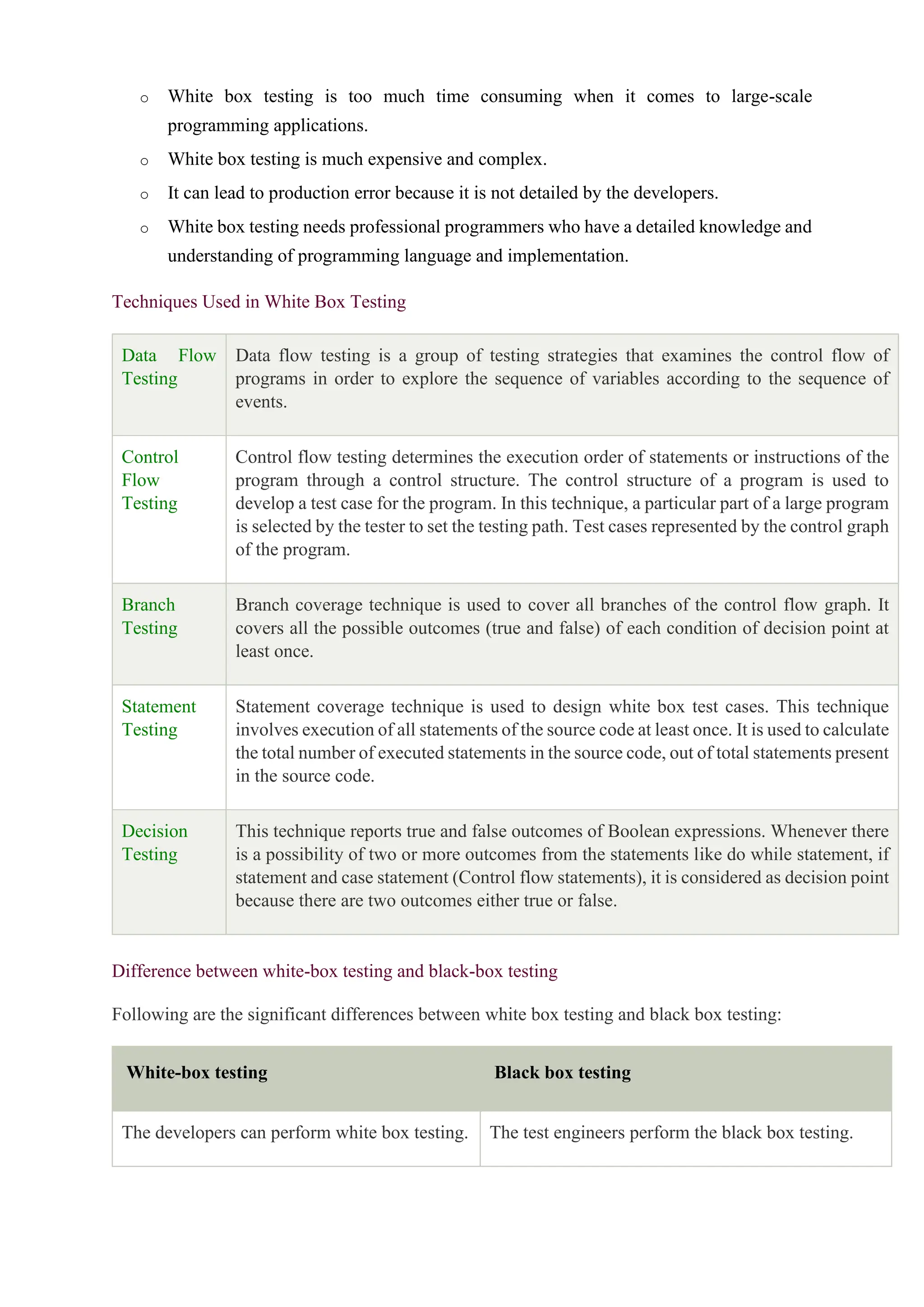 o White box testing is too much time consuming when it comes to large-scale
programming applications.
o White box testing is much expensive and complex.
o It can lead to production error because it is not detailed by the developers.
o White box testing needs professional programmers who have a detailed knowledge and
understanding of programming language and implementation.
Techniques Used in White Box Testing
Data Flow
Testing
Data flow testing is a group of testing strategies that examines the control flow of
programs in order to explore the sequence of variables according to the sequence of
events.
Control
Flow
Testing
Control flow testing determines the execution order of statements or instructions of the
program through a control structure. The control structure of a program is used to
develop a test case for the program. In this technique, a particular part of a large program
is selected by the tester to set the testing path. Test cases represented by the control graph
of the program.
Branch
Testing
Branch coverage technique is used to cover all branches of the control flow graph. It
covers all the possible outcomes (true and false) of each condition of decision point at
least once.
Statement
Testing
Statement coverage technique is used to design white box test cases. This technique
involves execution of all statements of the source code at least once. It is used to calculate
the total number of executed statements in the source code, out of total statements present
in the source code.
Decision
Testing
This technique reports true and false outcomes of Boolean expressions. Whenever there
is a possibility of two or more outcomes from the statements like do while statement, if
statement and case statement (Control flow statements), it is considered as decision point
because there are two outcomes either true or false.
Difference between white-box testing and black-box testing
Following are the significant differences between white box testing and black box testing:
White-box testing Black box testing
The developers can perform white box testing. The test engineers perform the black box testing.
 