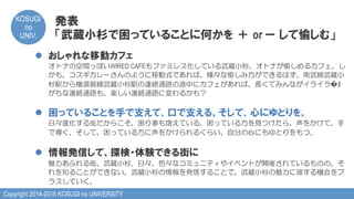 Copyright 2014-2015 KOSUGI no UNIVERSITY
KOSUGI
no
UNIV.	
発表
「武蔵小杉で困っていることに何かを  ＋  or ー  して愉しむ」
l  おしゃれな移動カフェ
オトナの空間っぽいWIRED CAFEもファミレス化している武蔵小杉。オトナが愉しめるカフェ、し
かも、コスギカレーさんのように移動式であれば、様々な愉しみ方ができるはず。南武線武蔵小
杉駅から横須賀線武蔵小杉駅の連絡通路の途中にカフェがあれば、長くてみんながイライラ�ｵ
がちな連絡通路も、楽しい連絡通路に変わるかも？
l  困っていることを手で支えて、口で支える。そして、心にゆとりを。
日々進化する街だからこそ、困り事も増えている。困っている方を見つけたら、声をかけて、手
で導く。そして、困っている方に声をかけられるくらい、自分の心にもゆとりをもつ。
l  情報発信して、探検・体験できる街に
魅力あふれる街、武蔵小杉。日々、色々なコミュニティやイベントが開催されているものの、そ
れを知ることができない。武蔵小杉の情報を発信することで、武蔵小杉の魅力に接する機会をプ
ラスしていく。
 