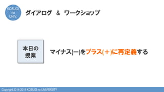 Copyright 2014-2015 KOSUGI no UNIVERSITY
KOSUGI
no
UNIV.	
本日の
授業
マイナス(ー)をプラス(＋)に再定義する
ダイアログ　&　ワークショップ
 