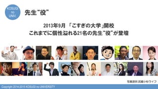 Copyright 2014-2015 KOSUGI no UNIVERSITY
KOSUGI
no
UNIV.	
先生“役”
2013年9月　「こすぎの大学」開校
これまでに個性溢れる21名の先生“役”が登壇
写真提供:武蔵小杉ライフ
 
