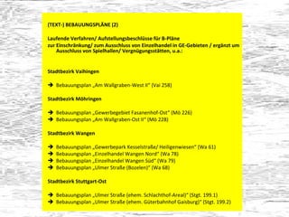 (TEXT-) BEBAUUNGSPLÄNE (2) Laufende Verfahren/ Aufstellungsbeschlüsse für B-Pläne zur Einschränkung/ zum Ausschluss von Einzelhandel in GE-Gebieten / ergänzt um Ausschluss von Spielhallen/ Vergnügungsstätten, u.a.: Stadtbezirk Vaihingen Bebauungsplan „Am Wallgraben-West II“ (Vai 258) Stadtbezirk Möhringen Bebauungsplan „Gewerbegebiet Fasanenhof-Ost“ (Mö 226) Bebauungsplan „Am Wallgraben-Ost II“ (Mö 228) Stadtbezirk Wangen Bebauungsplan „Gewerbepark Kesselstraße/ Heiligenwiesen“ (Wa 61) Bebauungsplan „Einzelhandel Wangen Nord“ (Wa 78) Bebauungsplan „Einzelhandel Wangen Süd“ (Wa 79) Bebauungsplan „Ulmer Straße (Bozelen)“ (Wa 68) Stadtbezirk Stuttgart-Ost Bebauungsplan „Ulmer Straße (ehem. Schlachthof-Areal)“ (Stgt. 199.1) Bebauungsplan „Ulmer Straße (ehem. Güterbahnhof Gaisburg)“ (Stgt. 199.2) 