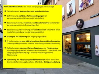 AUFGABENKATALOG  für ein neues Vergnügungsstättenkonzept  Darstellung von  Ausgangslage und Aufgabenstellung Definition und  rechtliche Rahmenbedingungen  für Vergnügungsstätten (Schwerpunkt Spielhallen) Bestandsaufnahme /  Funktions- und Standortanalyse  bestehender Vergnügungsstätten in Stuttgart (vor Ort) Beschreibung und Bewertung der  Gebietskulissen  hinsichtlich einer möglichen Ansiedlung von Vergnügungsstätten Strategien zur Steuerung  von Vergnügungsstätten  Erstellung einer  gesamtstädtischen Vergnügungsstättenkonzeption  (Schwerpunkt Spielhallen) und ihre verwaltungsinterne Abstimmung Aufstellung von  raumspezifischen Regelungen  zur  Feinsteuerung  von Vergnügungsstätten (insbesondere Spielhallen) - für B-Pläne und Vergnügungsstättensatzung – und ihre verwaltungsinterne Abstimmung Vorstellung   der Vergnügungsstättenkonzeption  in den politischen Gremien (5 Termine), optional eine öffentliche  Dialogveranstaltung 