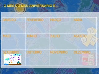 O MÊS DO MEU ANIVERSÁRIO É... DEZEMBRO NOVEMBRO OUTUBRO SETEMBRO AGOSTO JULHO JUNHO MAIO ABRIL MARÇO FEVEREIRO JANEIRO 