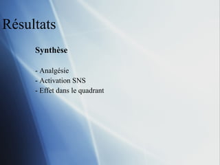 Résultats Synthèse Analgésie Activation SNS Effet dans le quadrant 