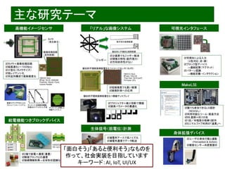 2022/4/5 Interface Device Laboratory, Kanazawa University http://ifdl.jp/
主な研究テーマ
「面白そう」「あると便利そう」なものを
作って、社会実装を目指しています
キーワード：AI, IoT, UI/UX
 