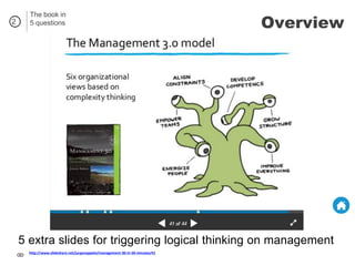 2
Overview
http://www.slideshare.net/jurgenappelo/management-30-in-50-minutes/41
The book in
5 questions
5 extra slides for triggering logical thinking on management
 