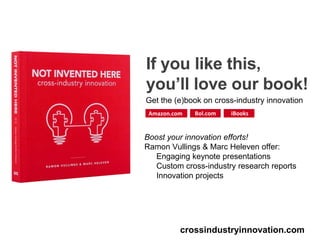 If you like this,
you’ll love our book!
crossindustryinnovation.com
Amazon.com Bol.com iBooks
Get the (e)book on cross-industry innovation
Boost your innovation efforts!
Ramon Vullings & Marc Heleven offer:
Engaging keynote presentations
Custom cross-industry research reports
Innovation projects
 