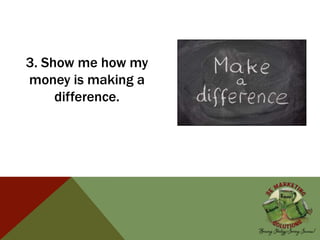 3. Show me how my
money is making a
difference.
 