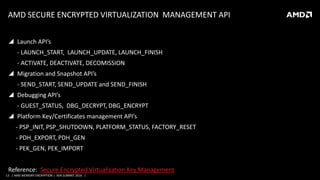 13 | AMD MEMORY ENCRYPTION | XEN SUMMIT 2016 |
AMD SECURE ENCRYPTED VIRTUALIZATION MANAGEMENT API
 Launch API’s
- LAUNCH_START, LAUNCH_UPDATE, LAUNCH_FINISH
- ACTIVATE, DEACTIVATE, DECOMISSION
 Migration and Snapshot API’s
- SEND_START, SEND_UPDATE and SEND_FINISH
 Debugging API’s
- GUEST_STATUS, DBG_DECRYPT, DBG_ENCRYPT
 Platform Key/Certificates management API’s
- PSP_INIT, PSP_SHUTDOWN, PLATFORM_STATUS, FACTORY_RESET
- PDH_EXPORT, PDH_GEN
- PEK_GEN, PEK_IMPORT
Reference: Secure Encrypted Virtualization Key Management
 