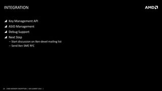 18 | AMD MEMORY ENCRYPTION | XEN SUMMIT 2016 |
INTEGRATION
 Key Management API
 ASID Management
 Debug Support
 Next Step
‒ Start discussion on Xen-devel mailing list
‒ Send Xen SME RFC
 