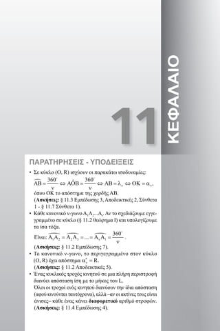 11
ΚΕΦΑΛΑΙΟ
ΠΑΡΑΤΗΡΗΣΕΙΣ - ΥΠΟΔΕΙΞΕΙΣ
• Σε κύκλο (Ο, R) ισχύουν οι παρακάτω ισοδυναμίες:
 360 360ˆ
ν νΑΒ = ⇔ ΑΟΒ = ⇔ ΑΒ = λ ⇔ ΟΚ = α
ν ν
 
,
όπου ΟΚ το απόστημα της χορδής ΑΒ.
(Ασκήσεις: § 11.3 Εμπέδωσης 3,Αποδεικτικές 2, Σύνθετα
1 - § 11.7 Σύνθετα 1).
• Κάθε κανονικό ν-γωνο Α1Α2...Αν. Αν το σχεδιάζουμε εγγε-
γραμμένο σε κύκλο (§ 11.2 θεώρημα I) και υπολογίζουμε
τα ίσα τόξα.
Είναι:   
1 2 2 3 1
360
... νΑ Α = Α Α = = Α Α =
ν

.
(Ασκήσεις: § 11.2 Εμπέδωσης 7).
• Το κανονικό ν-γωνο, το περιγεγραμμένο στον κύκλο
(Ο, R) έχει απόστημα Rν
′α = .
(Ασκήσεις: § 11.2 Αποδεικτικές 5).
• Ένας κυκλικός τροχός κινητού σε μια πλήρη περιστροφή
διανύει απόσταση ίση με το μήκος του L.
Όλοι οι τροχοί ενός κινητού διανύουν την ίδια απόσταση
(αφού κινούνται ταυτόχρονα), αλλά –αν οι ακτίνες τους είναι
άνισες– κάθε ένας κάνει διαφορετικό αριθμό στροφών.
(Ασκήσεις: § 11.4 Εμπέδωσης 4).
22-0017-02.indd 177 31/10/2013 5:54:52 μμ
 