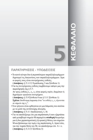 5
ΚΕΦΑΛΑΙΟ• Το κοινό κέντρο δυο ή περισσότερων παραλληλογράμμων
διχοτομεί τις διαγωνίους των παραλληλογράμμων. Άρα
οι φορείς τους είναι συντρέχουσες ευθείες.
(Ασκήσεις: § 5.1-5.2 Εμπέδωσης 3 και Σύνθετα 1)
• Για τις συντρέχουσες ευθείες λαμβάνουμε υπόψιν μας την
παρατήρηση της § 5.7.
Αν τρεις ευθείες ε1, ε2, ε3 είναι φορείς υψών, διαμέσων ή
διχοτόμων τριγώνου συντρέχουν.
(Ασκήσεις: § 5.9 Σύνθετα 8 και § 5.11 Σύνθετα 1)
Σχόλιο: Ισοδύναμη έκφραση είναι ′′οι ευθείες ε1, ε2 τέμνονται
σε σημείο της ε3′′.
• Ένα τρίγωνο είναι ορθογώνιο αν μια διάμεσός του ισούται
με το μισό της αντίστοιχης πλευράς.
(Ασκήσεις: § 5.11 Αποδεικτικές 1, 4)
• Για να αποδείξουμε ότι μια παράσταση Α που εξαρτάται
από μεταβλητό σημείο Μ παραμένει σταθερή θεωρούμε
μια ή δυο χαρακτηριστικές (ή οριακές) θέσεις του σημείου
Μ και βρίσκουμε την τιμή c της παράστασηςΑ.Αρκεί τότε,
για την τυχαία θέση του Μ, να αποδείξουμε ότι cΑ = .
(Ασκήσεις: § 5.3-5.5 Σύνθετα 3)
ΠΑΡΑΤΗΡΗΣΕΙΣ - ΥΠΟΔΕΙΞΕΙΣ
22-0017-02.indd 55 31/10/2013 5:53:03 μμ
 