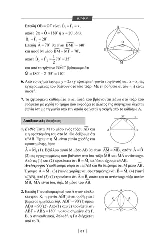 81
6.1-6.4
Επειδή ΟΒ = ΟΓ είναι 1 1
ˆ ˆ x,Β =Γ =
οπότε ˆ2x O 180+ = 
ή x 20= 
, δηλ.
1 1
ˆ ˆ 20Β =Γ = 
.
Επειδή ˆ 70Α = 
θα είναι  140ΒΜΓ = 
και αφού Μ μέσο   70ΒΜ = ΜΓ = 
,
οπότε 2 2
1ˆ ˆ 70 35
2
Β =Γ = = 
και από το τρίγωνο ΒΜΓ

βρίσκουμε ότι
ˆ 180 2 35 110Μ= − ⋅ =  
.
O
Α
700
Β
Γ
Μ
A Β
εΜ
1
12
2
1
6. Από το σχήμα έχουμε y 2z= (y εξωτερική γωνία τριγώνου) και x z= , ως
εγγεγραμμένες που βαίνουν στο ίδιο τόξο. Με τη βοήθεια αυτών η i) είναι
σωστή.
7. Τα ζητούμενα καθίσματα είναι αυτά που βρίσκονται πάνω στο τόξο που
γράφεται με χορδή το τμήμα που εκφράζει το πλάτος της σκηνής και δέχεται
γωνία ίση με τη γωνία υπό την οποία φαίνεται η σκηνή από το κάθισμα Α.
Αποδεικτικές Ασκήσεις
1. Ευθύ: Έστω Μ το μέσο ενός τόξου ΑΒ και
ε η εφαπτομένη του στο Μ. Θα δείξουμε ότι
ε//ΑΒ. Έχουμε: η 1
ˆΜ είναι γωνία χορδής και
εφαπτομένης, άρα:
1
ˆ ˆΑ = Μ (1). Εξάλλου αφού Μ μέσο ΑΒ θα είναι  ΑΜ = ΜΒ , οπότε ˆ ˆΑ = Β
(2) ως εγγεγραμμένες που βαίνουν στα ίσα τόξα ΜΒ και ΜΑ αντίστοιχα.
Από τις (1) και (2) προκύπτει ότι 1
ˆ ˆΒ = Μ απ’ όπου έχουμε ε//ΑΒ.
Αντίστροφο: Υποθέτουμε τώρα ότι ε//ΑΒ και θα δείξουμε ότι Μ μέσο ΑΒ.
Έχουμε 1
ˆ ˆΑ = Μ (3) (γωνία χορδής και εφαπτομένης) και 1
ˆ ˆΒ = Μ (4) (γιατί
ε//ΑΒ).Από (3), (4) προκύπτει ότι ˆ ˆΑ = Β, οπότε και τα αντίστοιχα τόξα αυτών
ΜΒ, ΜΑ είναι ίσα, δηλ. Μ μέσο του ΑΒ.
2. Επειδή Γ αντιδιαμετρικό του Α στον κύκλο
κέντρου Κ, η γωνία ˆΑΒΓ είναι ορθή γιατί
βαίνει σε ημικύκλιο, δηλ. ˆ 90ΑΒΓ = 
(1) όμοια
ˆ 90ΑΒ∆ = 
(2).Από (1) και (2) προκύπτει ότι
ˆ ˆ 180ΑΒΓ + ΑΒ∆ = 
η οποία σημαίνει ότι Γ,
Β, Δ συνευθειακά, δηλαδή η ΓΔ διέρχεται
από το Β.
Α
Γ ΔΒ
Κ Λ
22-0017-02.indd 81 31/10/2013 5:53:18 μμ
 