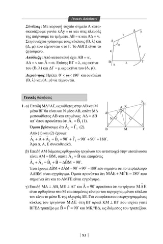 93
Σύνθεση: Με κορυφή τυχαίο σημείο Α κατα-
σκευάζουμε γωνία ˆx yΑ =ω και στις πλευρές
της παίρνουμε τα τμήματα ΑΒ = κ και Α∆ = ν.
Στη συνέχεια γράφουμε τους κύκλους ( , )Β λ και
( , )∆ µ που τέμνονται στο Γ. Το ΑΒΓΔ είναι το
ζητούμενο.
Απόδειξη: Από κατασκευή έχει ΑΒ = κ,
Α∆ = ν και ˆΑ = ω. Επίσης ΒΓ = λ, ως ακτίνα
του ( , )Β λ και ∆Γ = µ ως ακτίνα του ( , )∆ µ .
Διερεύνηση: Πρέπει 0 180 ω  
και οι κύκλοι
( , )Β λ και ( , )∆ µ να τέμνονται.
Γενικές Ασκήσεις
1. α) Επειδή ΜΔ//ΑΓ, ως κάθετες στηνΑΒ και Μ
μέσο ΒΓ θα είναι και Ν μέσοΑΒ, οπότε ΜΔ
μεσοκάθετος ΑΒ και επομένως Α∆ = ∆Β
απ’ όπου προκύπτει ότι 1 1
ˆ ˆΑ =Β (1).
Όμοια βρίσκουμε ότι 2 1
ˆ ˆΑ =Γ (2).
Από (1) και (2) έχουμε
1 2 1 1
ˆ ˆ ˆ ˆ ˆ90 90 90 180Α + Α + Α = Β + + Γ = + =   
.
Άρα Δ, Α, Ε συνευθειακά.
β) ΕπειδήAM διάμεσος ορθογωνίου τριγώνου που αντιστοιχεί στην υποτείνουσα
είναι ΑΜ = ΒΜ, οπότε 3
ˆ ˆΑ =Β και επομένως
1 3 1
ˆ ˆ ˆ ˆ ˆ 90Α + Α = Β + Β = ∆ΒΜ = 
.
Έτσι έχουμε ˆˆ 90 90 180∆ΒΜ + ∆ΑΜ= + =  
που σημαίνει ότι το τετράπλευρο
ΑΔΒΜ είναι εγγράψιμο. Όμοια προκύπτει ότι ˆ ˆ 180ΜΑΕ + ΜΓΕ = που
σημαίνει ότι και το ΑΜΓΕ είναι εγγράψιμο.
γ) Επειδή Μ∆ ⊥ ΑΒ, ΜΕ ⊥ ΑΓ και ˆ 90Α = 
προκύπτει ότι το τρίγωνο Μ ∆Ε

είναι ορθογώνιο στο Μ και επομένως κέντρο του περιγεγραμμένου κύκλου
του είναι το μέσο Κ της πλευράς ΔΕ. Για να εφάπτεται ο περιγεγραμμένος
κύκλος του τριγώνου Μ ∆Ε

στη ΒΓ αρκεί ΚΜ ⊥ ΒΓ που ισχύει γιατί
ΒΓΕΔ τραπέζιο με ˆ ˆ 90Β = Γ = 
και ΜΚ//ΒΔ, ως διάμεσος του τραπεζίου.
Α
ω
ν
κ
λx
y
Β Γ
ΓMΒ
Ν
Α K
y
Ε
1
1 1
3
2
Γενικές Ασκήσεις
22-0017-02.indd 93 31/10/2013 5:53:28 μμ
 