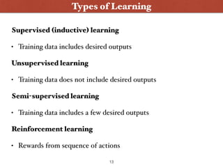 Supervised (inductive) learning
• Training data includes desired outputs
Unsupervised learning
• Training data does not include desired outputs
Semi-supervised learning
• Training data includes a few desired outputs
Reinforcement learning
• Rewards from sequence of actions
Types of Learning
13
 