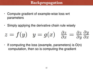 • Compute gradient of example-wise loss wrt
parameters
• Simply applying the derivative chain rule wisely  
 
 
• If computing the loss (example, parameters) is O(n)
computation, then so is computing the gradient
Backpropagation
32
 